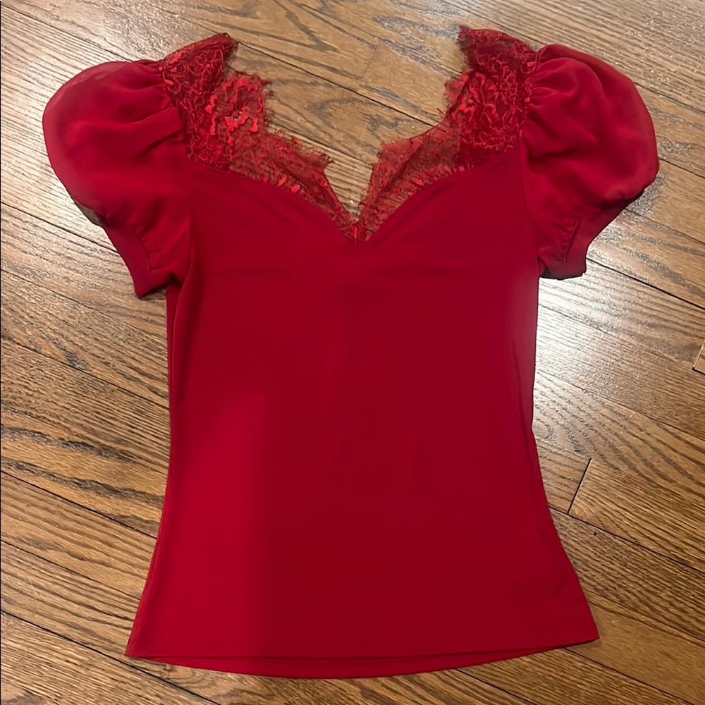Express Elegant Red Lace Trim Top
